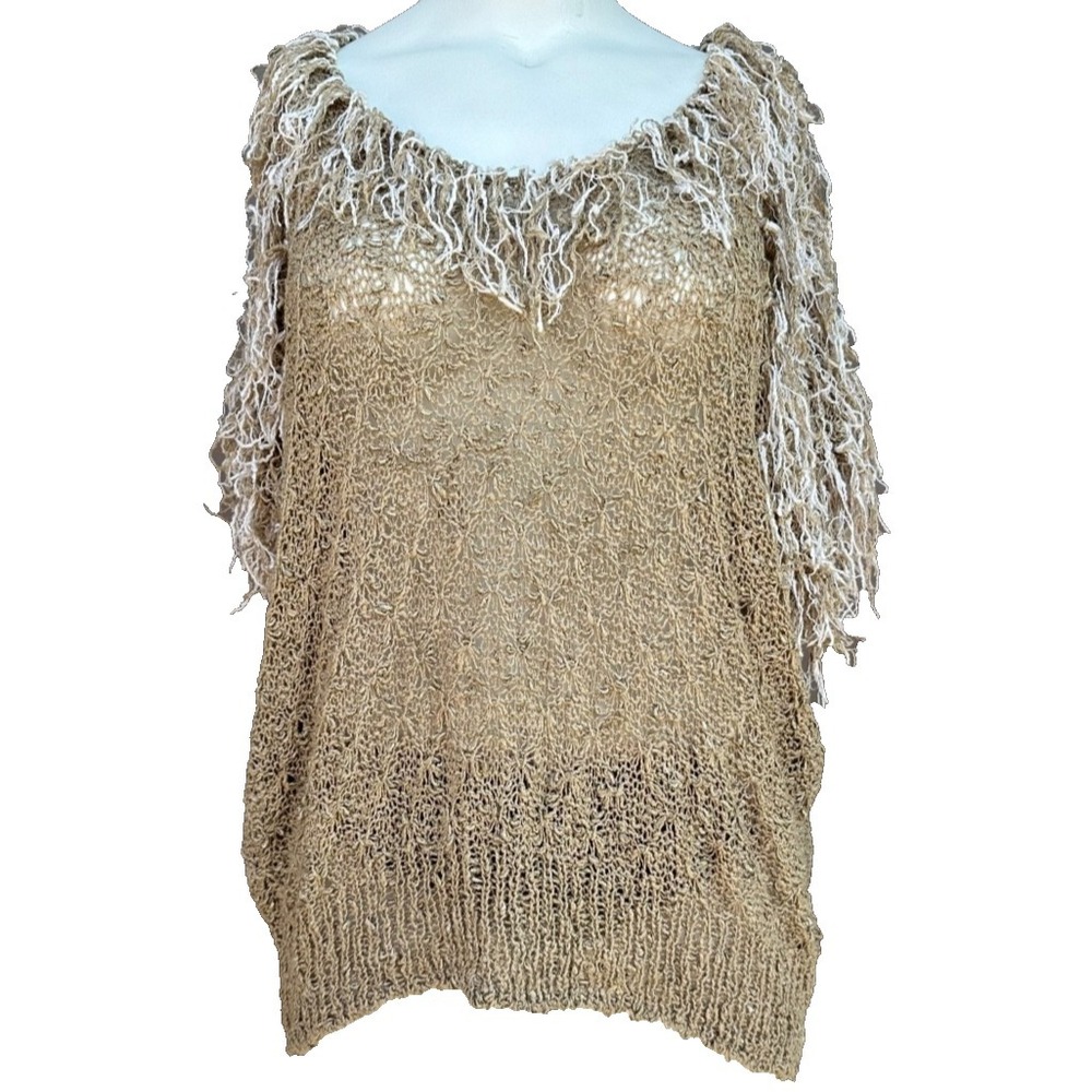 VTG 80s Krystallis Kollection Champagne Boutique Fringe Shaggy Sweater L Boho